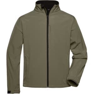 A men's softshell jacket in a muted olive green with a zip front and high collar. Features a logo on the chest.