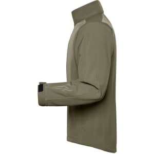 A men's softshell jacket in khaki, featuring a modern cut and a stand-up collar. It has a logo on the sleeve.