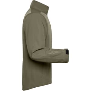 A softshell jacket in a khaki colour, featuring a high collar and a fitted design. It has a logo on the sleeve.