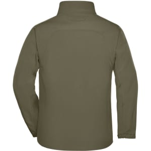 A softshell jacket in olive green, featuring a high collar and long sleeves. It has a logo on the back.