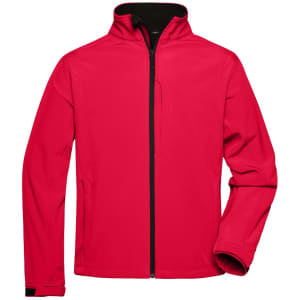 A red men's softshell jacket with a zip front and high collar. It features one side pocket and has a logo.