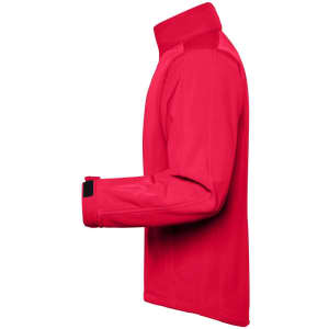A red men's softshell jacket with a high collar and cuffed sleeves. It features a logo on the fabric.