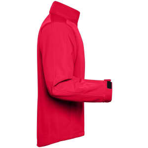 A red men's softshell jacket with a high collar and adjustable cuffs, featuring a logo.