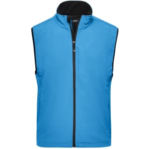 A men's softshell vest in bright blue with a black collar and a zipper front, featuring a logo.