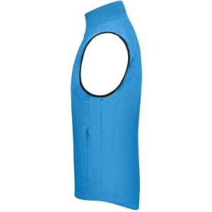 A blue men's softshell vest with a high collar and sleeveless design, featuring a logo on the front.