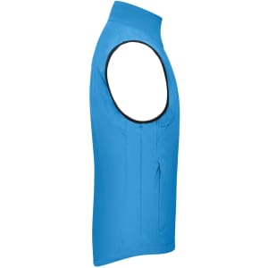 A blue men's softshell vest with a sleeveless design and a zippered pocket, featuring a logo.