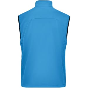 A blue softshell vest featuring a high collar and a black trim at the armholes, with a simple design.