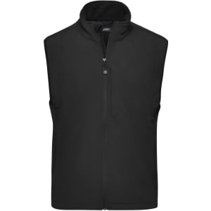 A black men's softshell vest featuring a zip front and high collar. It has a logo on it.
