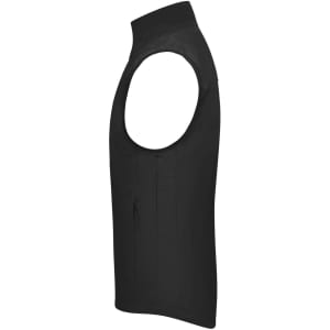 A black men's softshell vest with a sleeveless design and a zippered pocket. It features a logo.