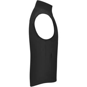 A black men's softshell vest featuring a sleeveless design and a zippered pocket. It has a logo on the garment.