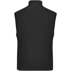 A black men's softshell vest featuring a high neck and a smooth back design, with a logo present.