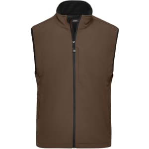 A brown softshell vest with a zip front and a black collar, featuring a logo on the chest.