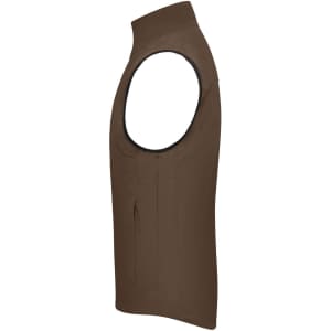 A brown men's softshell vest featuring a high collar and no sleeves, with a logo on the side.