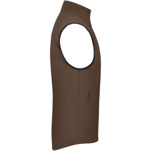A brown men's softshell vest with a sleeveless design and a zippered pocket featured on the front.
