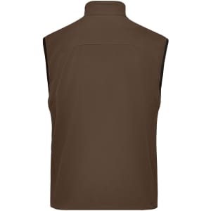 A brown men's softshell vest featuring a high collar and a back view with no visible branding.