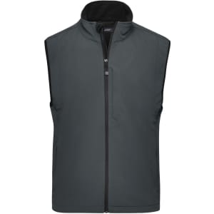 A men's softshell vest in grey featuring a front zip and a high collar, with a logo on the chest.
