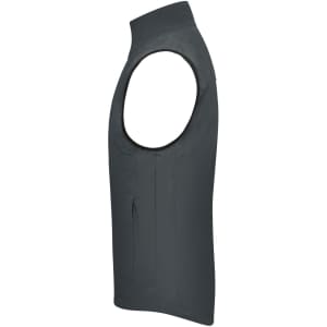 A men's softshell vest in dark grey, featuring a sleeveless design and a subtle branding logo.