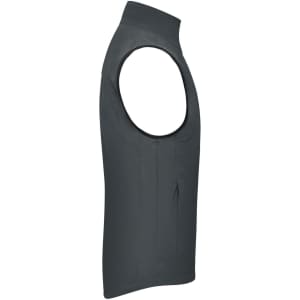 A dark grey men's softshell vest with a high collar and sleeveless design, featuring a logo on the front.