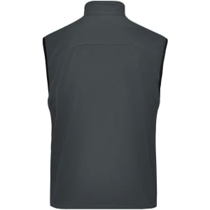 A men's softshell vest in dark grey, featuring a sleek design and high collar, with a logo on the back.