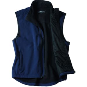 A navy blue men's softshell vest with a zippered front and open collar, featuring a mesh lining and a logo.