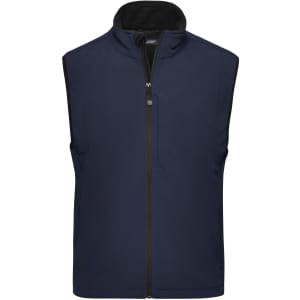 A navy men's softshell vest with a zip front and a high collar, featuring a pocket and minimal branding.