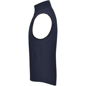 A navy men's softshell vest with a high collar and no sleeves, featuring side pockets and a logo.