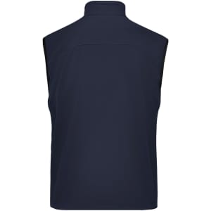 A navy men's softshell vest featuring a high collar and a back view design, with a single logo.