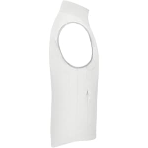 A white men's softshell vest features a high collar and side zip pocket, showcasing a sleek, minimalistic design.
