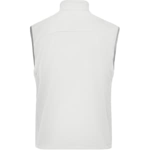 A men's softshell vest in white, featuring a back design and no sleeves. It has a logo on the fabric.