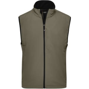 A mens softshell vest in olive green with a black collar and a front zip, featuring a logo on the chest.