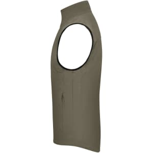 A men's softshell vest in olive green, featuring sleeveless design and a logo.