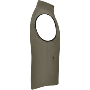 A men's softshell vest in olive green, featuring a sleeveless design and a logo on the side.