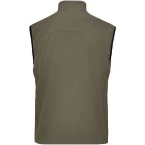 A men's softshell vest in olive green, featuring a sleeveless design and a logo on the back.