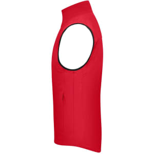 A red men's softshell vest with a high collar and sleeveless design, featuring a logo on the front.