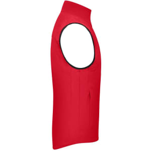 A red men's softshell vest with an open arm design, featuring a zippered pocket. Branding is present on the garment.