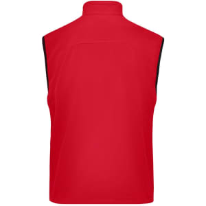 A red men's softshell vest with a high collar and no sleeves, featuring a logo.