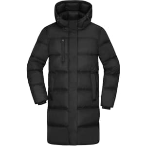 A black ladies' winter long coat with a hood and puffer design, featuring front pockets and a zip closure.