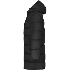 A side view of a black ladies winter long coat featuring a puffer design and a hood. It has a logo on the sleeve.