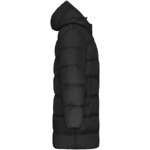 A black long puffer coat with a hood, featuring a padded design and side zip pocket.