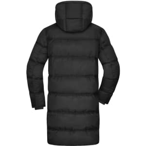 A black ladies winter long coat with a hood, featuring a puffer jacket design and a slightly fitted silhouette.