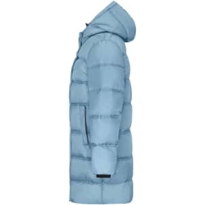 A light blue puffer jacket with a hood and quilted design, featuring a side view and zippered pockets.
