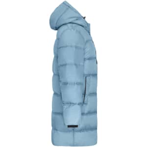 A light blue ladies winter long coat with a puffer design and hood, featuring a logo.