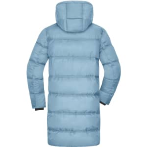 A light blue ladies winter long coat with a hood and puffer texture, featuring a sleek, elongated design.