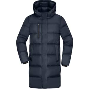 A navy ladies winter long coat featuring a hood and puffer design with zippered pockets and a logo.
