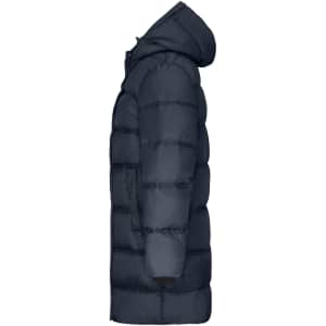 A navy puffer jacket featuring a hood and a long design, showcasing a side view with a smooth, quilted finish.