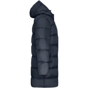 A dark navy long puffer jacket with a hood, featuring a sleek, insulated design.
