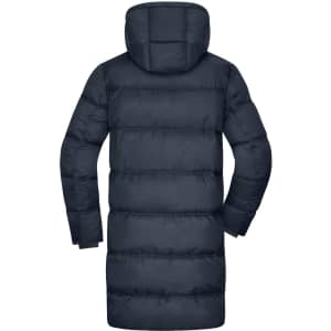 A navy puffer jacket with a hood, featuring a long, insulated design and a logo on the back.