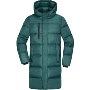 A long puffer coat in a deep teal colour with a hood and zippered pockets. It features a logo on the sleeve.
