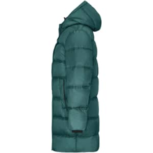 A long, puffer jacket in a deep teal colour, featuring a hood and side pockets. The coat is shown from the side.