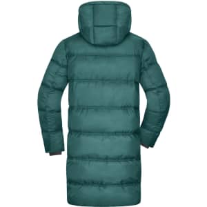 A long puffer jacket in a deep teal colour with a hood and a quilted design. The image features a branded logo.
